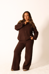 Teddy Knit Oversized Wide Leg High Waisted Trousers Walnut