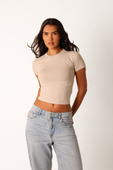 Basic Fitted Short Sleeve Cropped T-Shirt Greige
