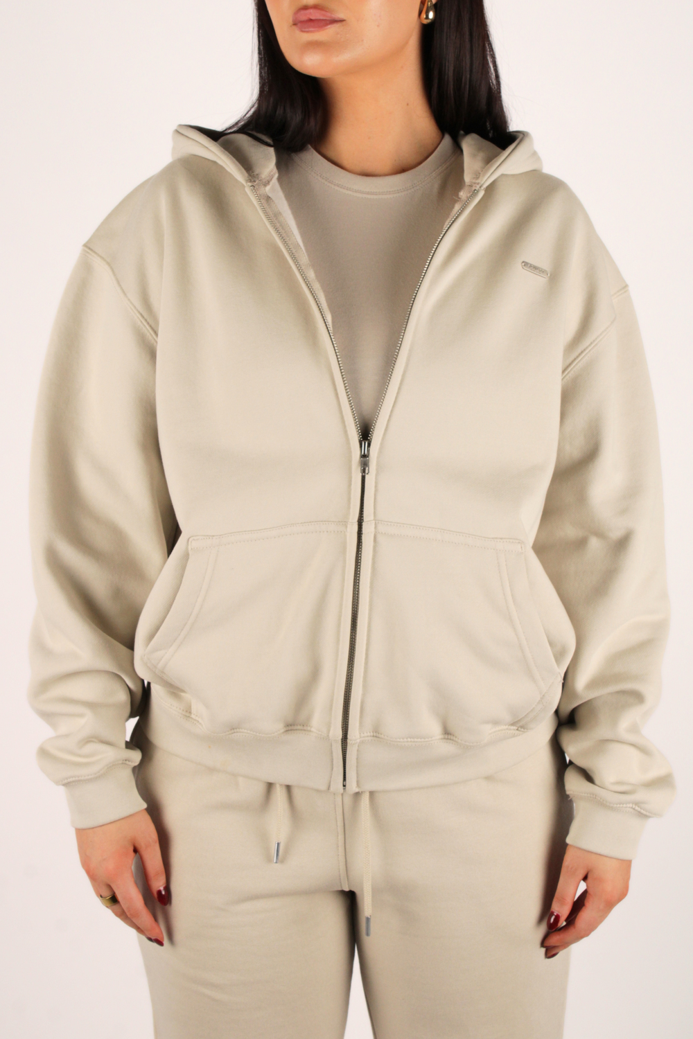 Basic Oversized Zip Through Hoodie Greige