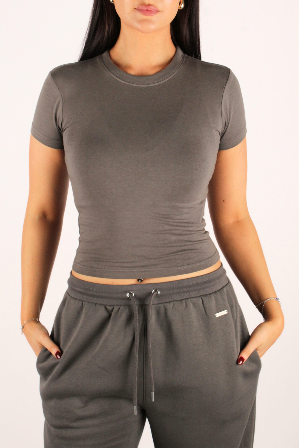 Basic Fitted Short Sleeve Cropped T-Shirt Dark Grey