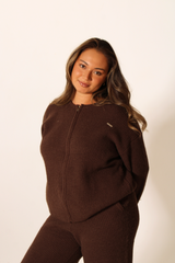 Teddy Knit Zip Through Jacket Walnut