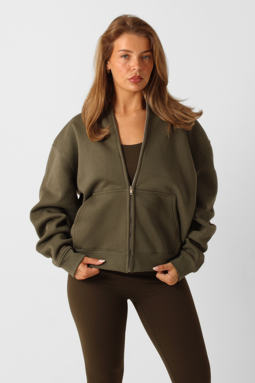 Basic Oversized Zip Through Hoodie Forest Green