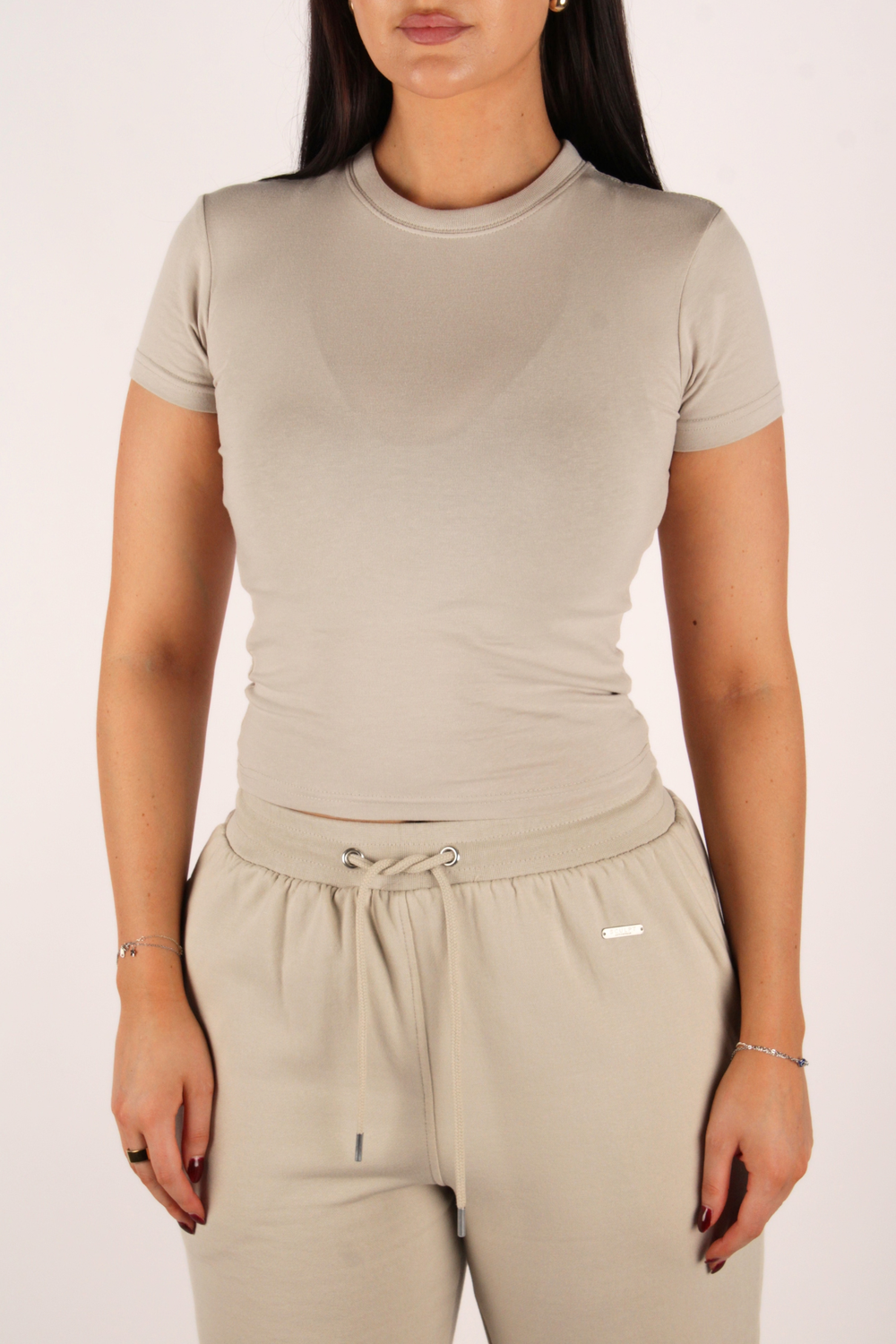 Basic Fitted Short Sleeve Cropped T-Shirt Greige