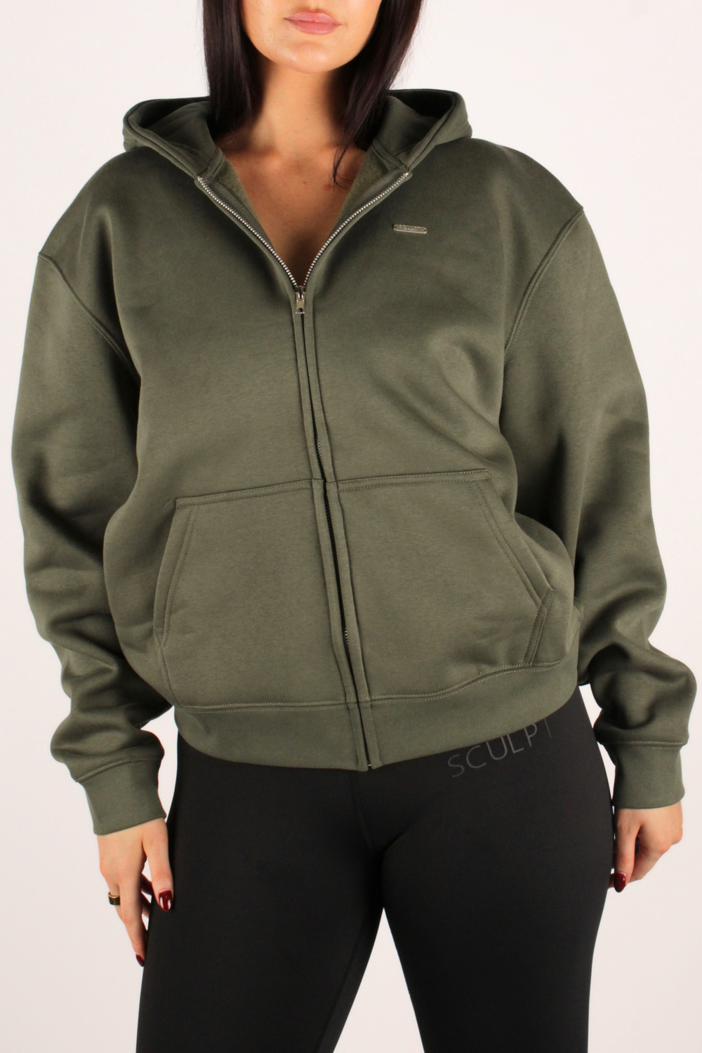 Basic Oversized Zip Through Hoodie Forest Green