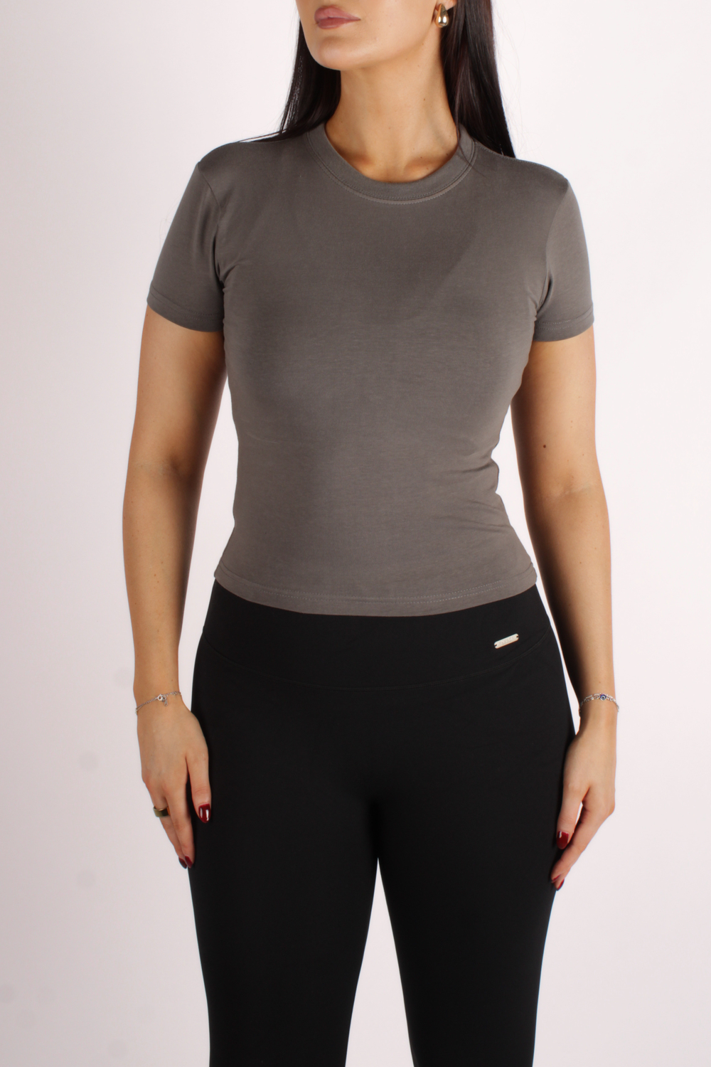 Basic Fitted Short Sleeve Cropped T-Shirt Dark Grey