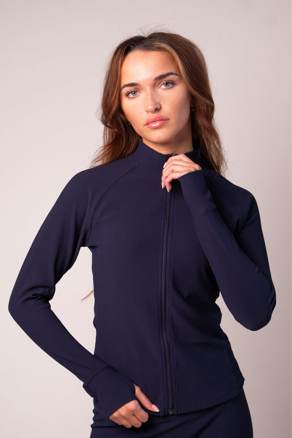 Fitted Zip Through Ribbed Jacket Midnight