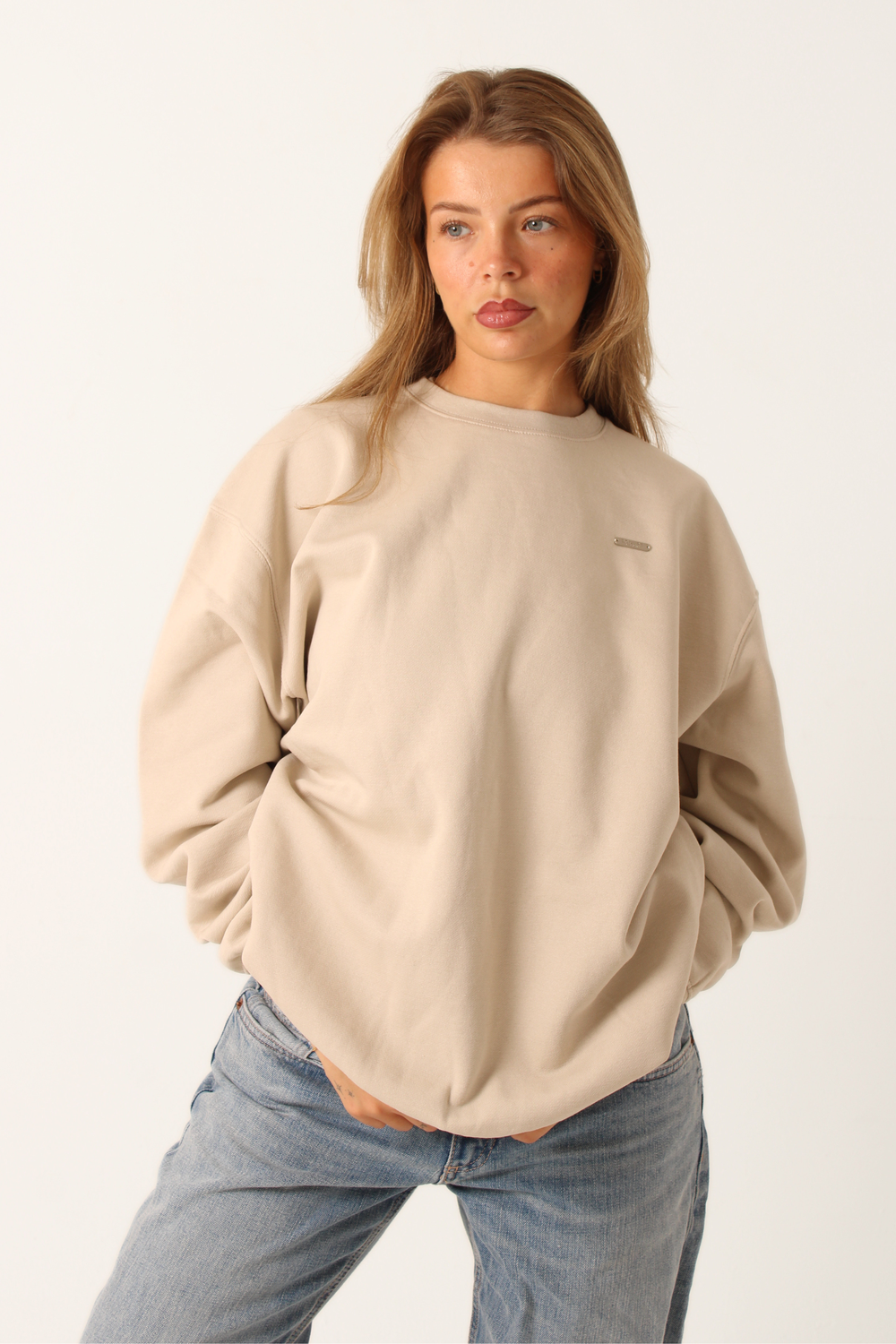 Basic Crew Neck Fleeced Oversized Jumper Greige
