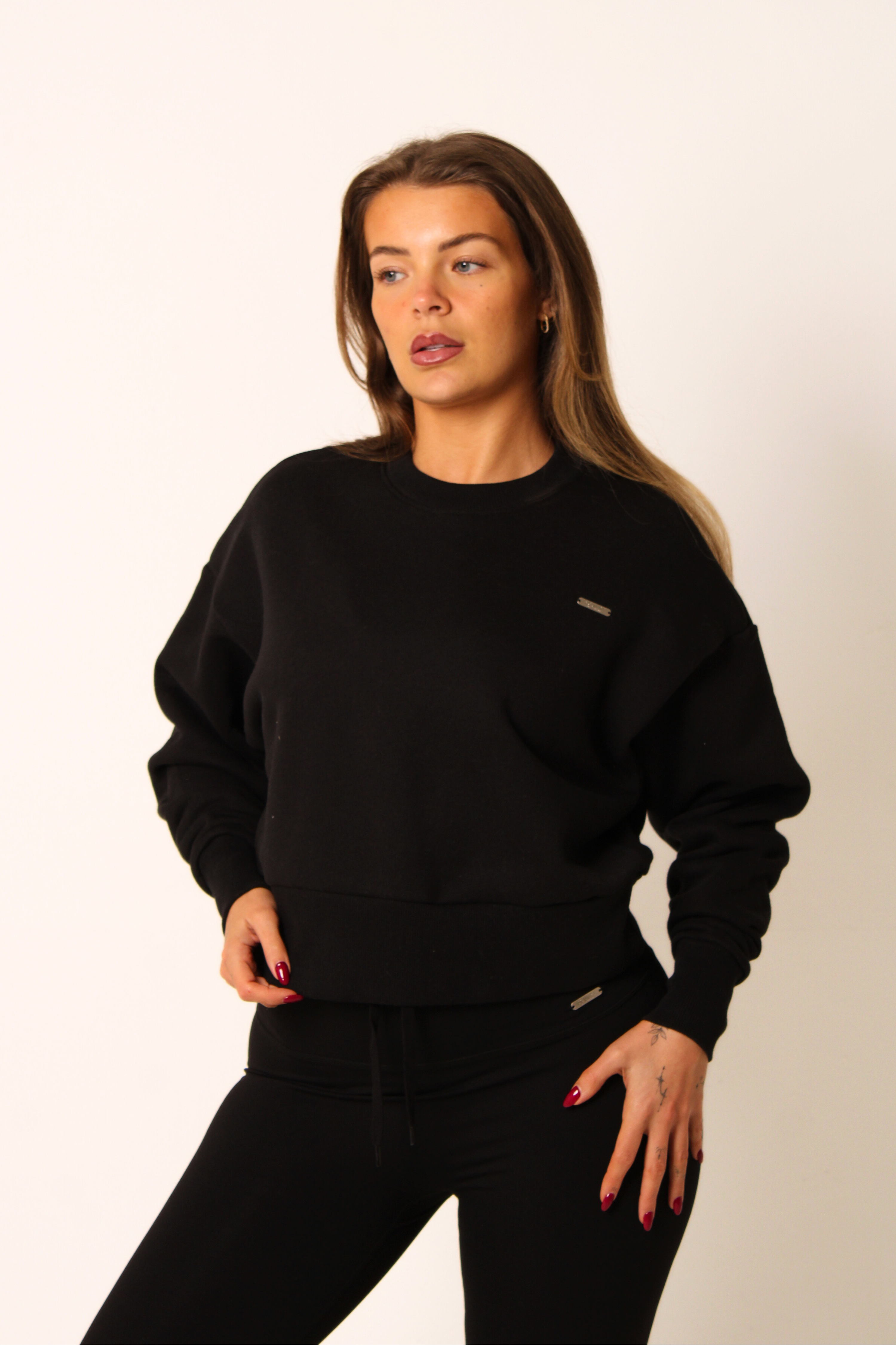 Sculpt Activewear | Crew Neck Fleeced Oversized Cropped Jumper Black