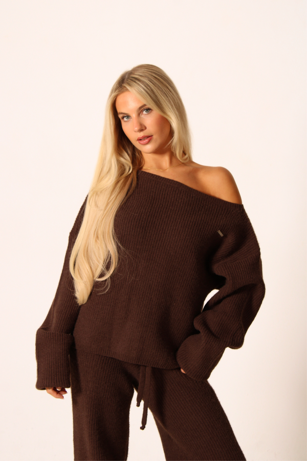 Teddy Knit Off Shoulder Knitted Jumper Brown