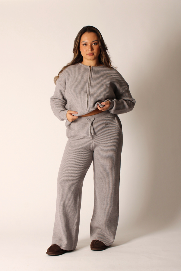 Teddy Knit Oversized Wide Leg High Waisted Trousers Haze