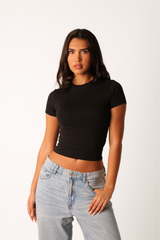 Basic Fitted Short Sleeve Cropped T-Shirt Black