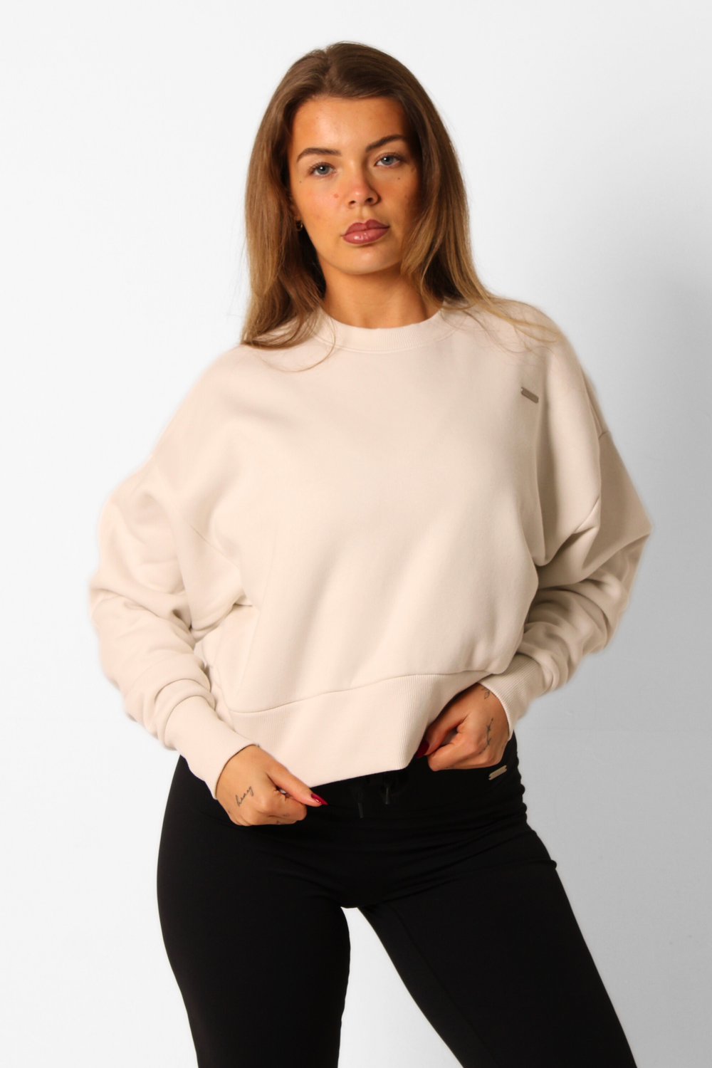 Basic Crew Neck Fleeced Oversized Cropped Jumper Cream