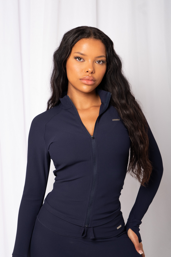 Fitted Zip Through Ribbed Jacket Midnight