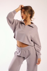Quarter Neck Zip Light Weight Oversized Cropped Top Pebble