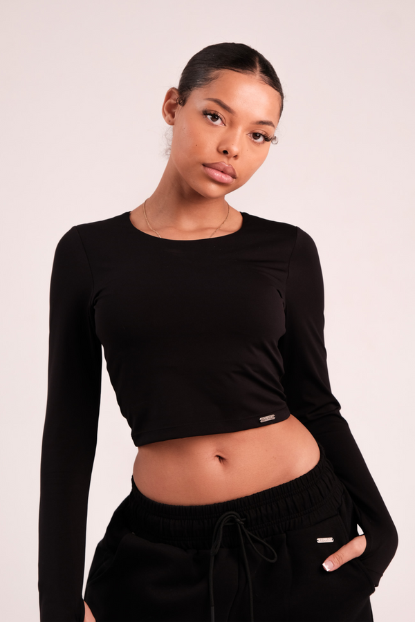 Cropped Built In Bra Long Sleeve Top Black