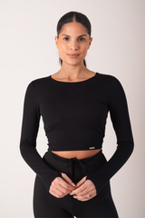 Cropped Built In Bra Long Sleeve Top Black
