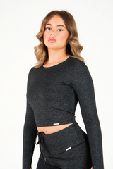 Cropped Built In Bra Long Sleeve Top Black Marl
