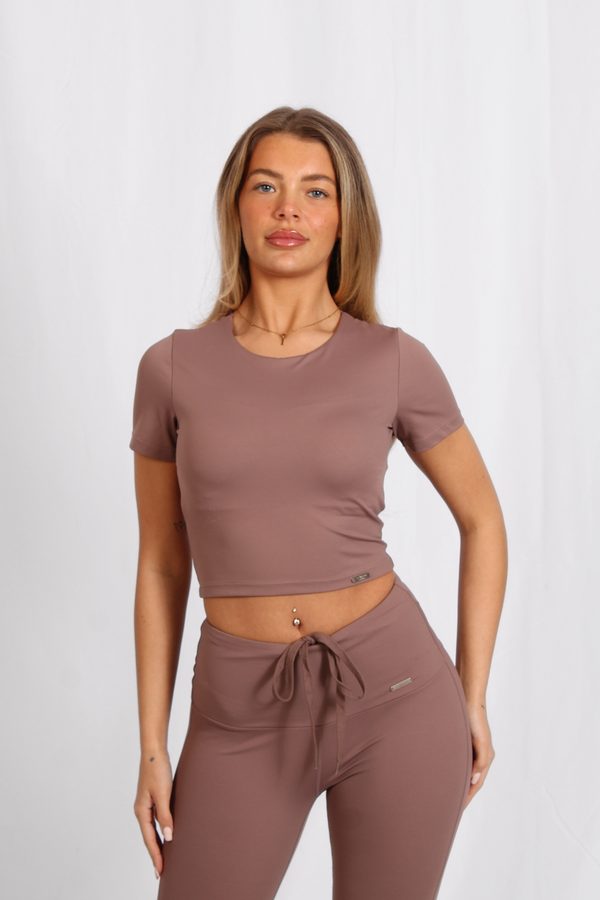 Cropped Built In Bra Short Sleeved Top Mocha