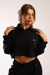 Quarter Neck Zip Light Weight Oversized Cropped Top Black