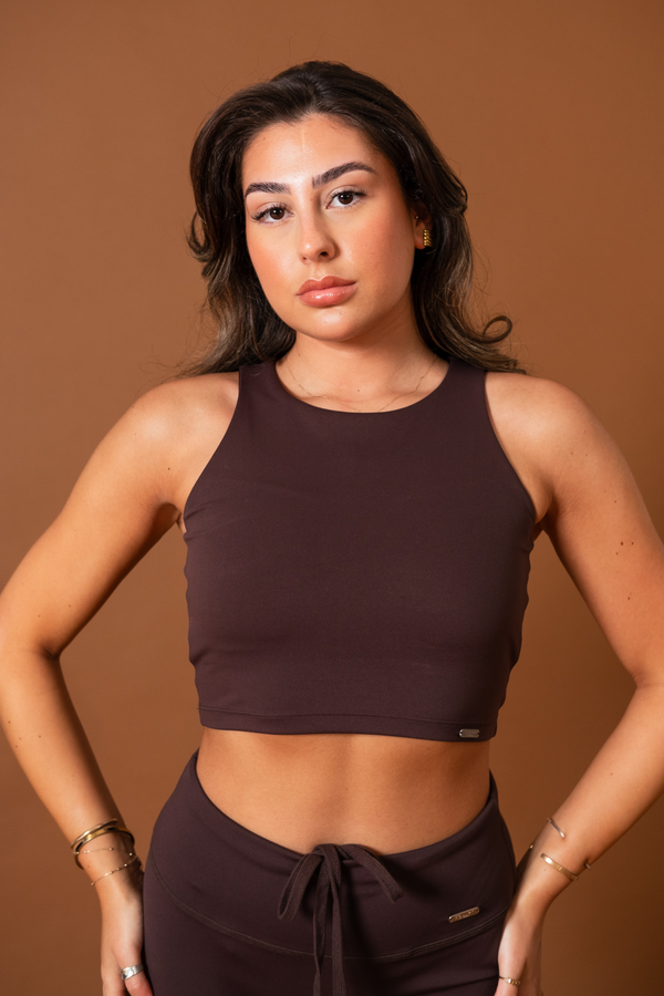 Racer Crop Built In Bra Top Espresso