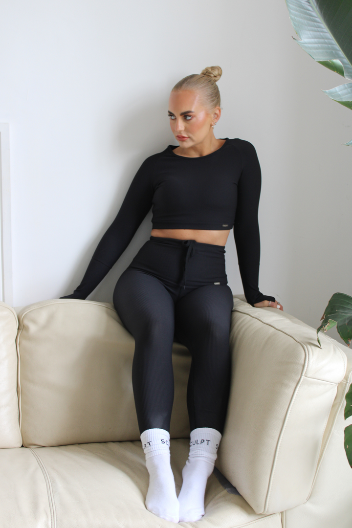 Sculpt Activewear | Women's Lounge Gym Black Ribbed Full Length High Stretch High Waisted Tie Waisted Leggings AW23