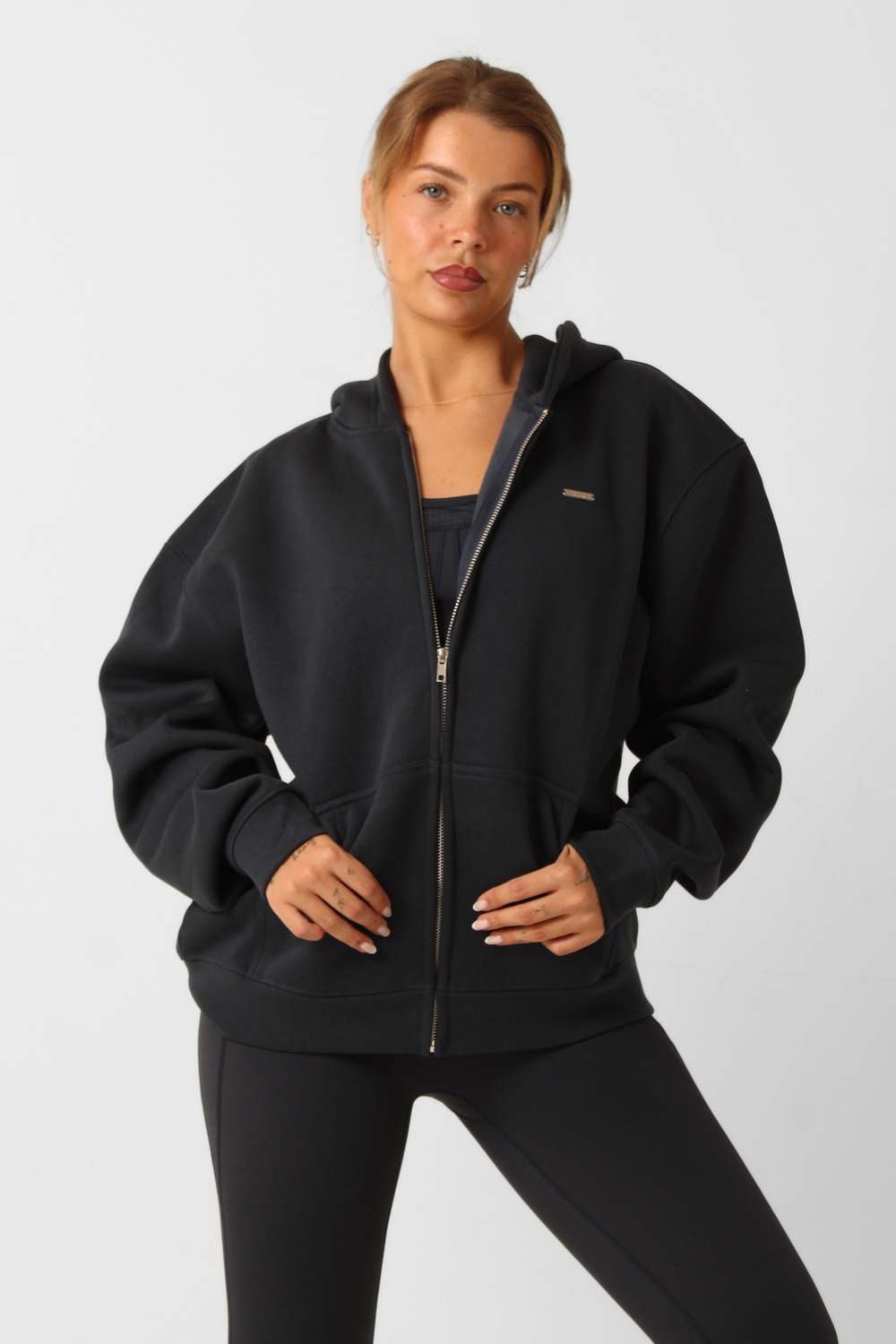 Basic Oversized Zip Through Hoodie Petrol Blue