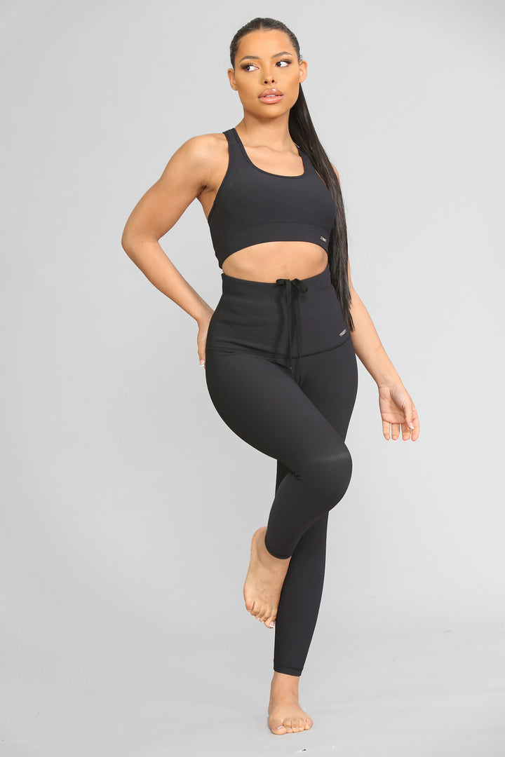 Sculpt Activewear | Women's Lounge Gym Black Ribbed Full Length High Stretch High Waisted Tie Waisted Leggings AW23